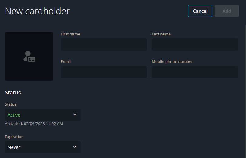 Bereich zum Hinzufügen eines neuen Karteninhabertasks im Genetec-Web-App-Task.