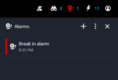 Die Alarmseitenleiste mit dem Einbruchsalarm in der Liste aktiver Alarme.