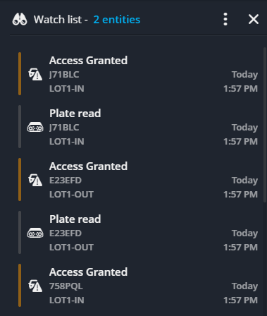 Der Watchlist-Bereich mit einer Liste von Ereignissen in Zusammenhang mit ausgewählten ALPR-Einheiten.