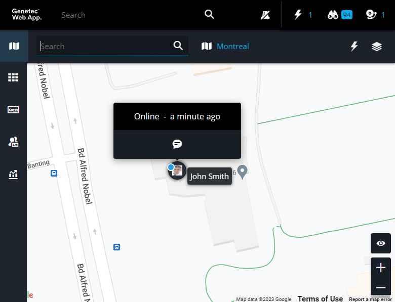 La tarea de Mapas en Genetec Web App con un marcador de usuario de Genetec Mobile que muestra su nombre y la última vez que estuvo en línea.