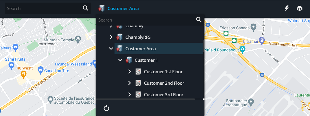 Lista desplegable de Seleccionar mapa en la tarea de Mapas de Genetec Web App.