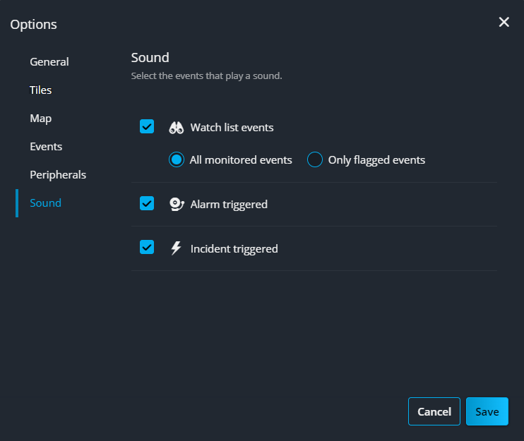 El cuadro de diálogo de Opciones en Genetec Web App con las opciones de sonido mostradas.