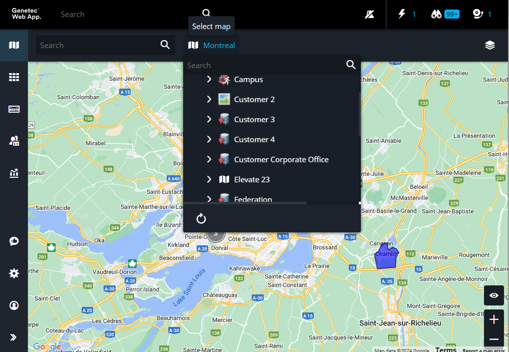 El menú desplegable de selección de mapa en la tarea de Mapas de Genetec Web App.