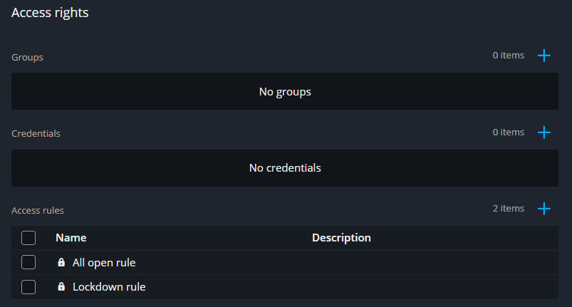 La sección de derechos de acceso del panel de tarjetahabientes en Genetec Web App.