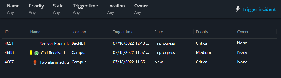 Lista de incidentes en la tarea Mapas de Genetec Web App.