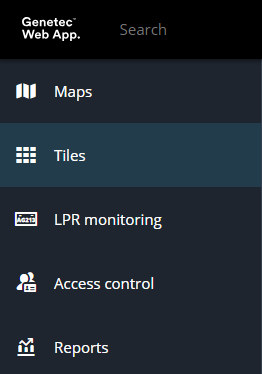 Menú de tareas de Genetec Web App con la tarea Mosaicos resaltada.