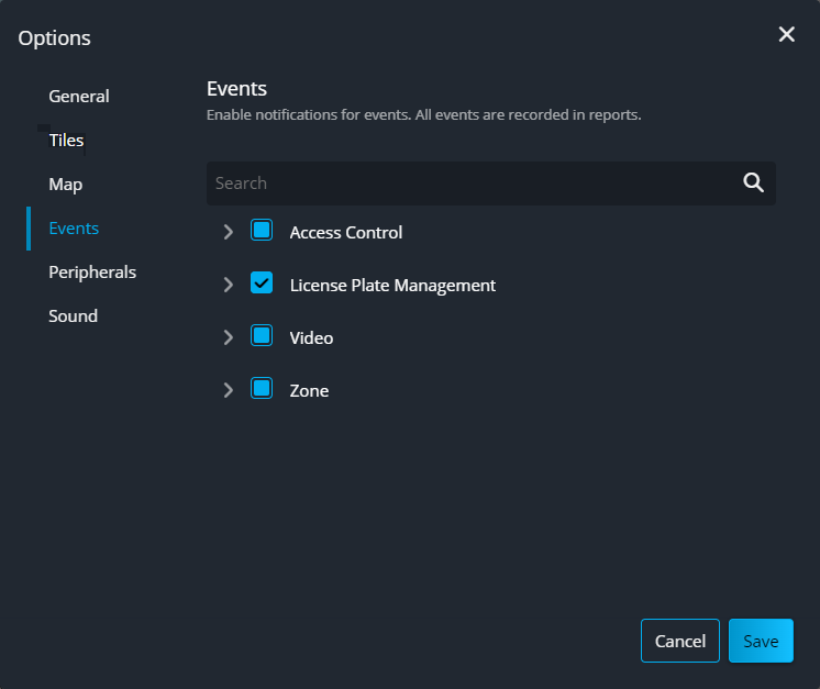 Page Options d'événements de Genetec Web App