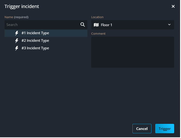 Boîte de dialogue Genetec Web App pour le déclenchement manuel d'un incident.
