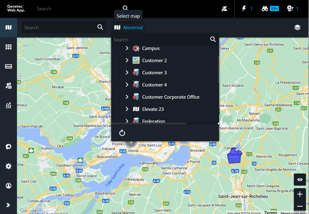 Cliquez sur la liste déroulante des cartes dans la tâche Cartes de Genetec Web App.