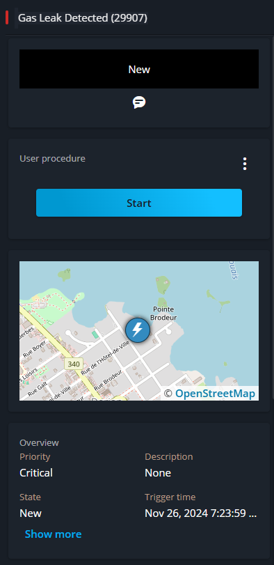 Volet des détails de l'incident sur la page Cartes de Genetec Web App.