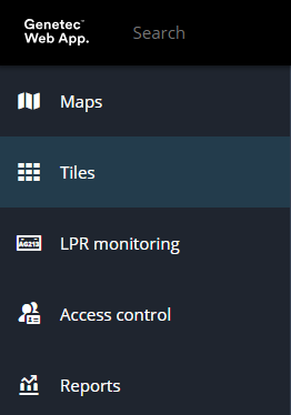 Menu Tâches de Genetec Web App avec la tâche Tuiles en surbrillance.