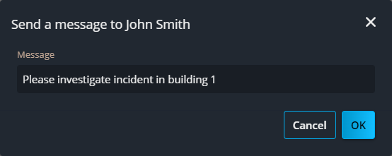 Boîte de dialogue pour envoyer un message à un utilisateur de Genetec Mobile depuis Genetec Web App.