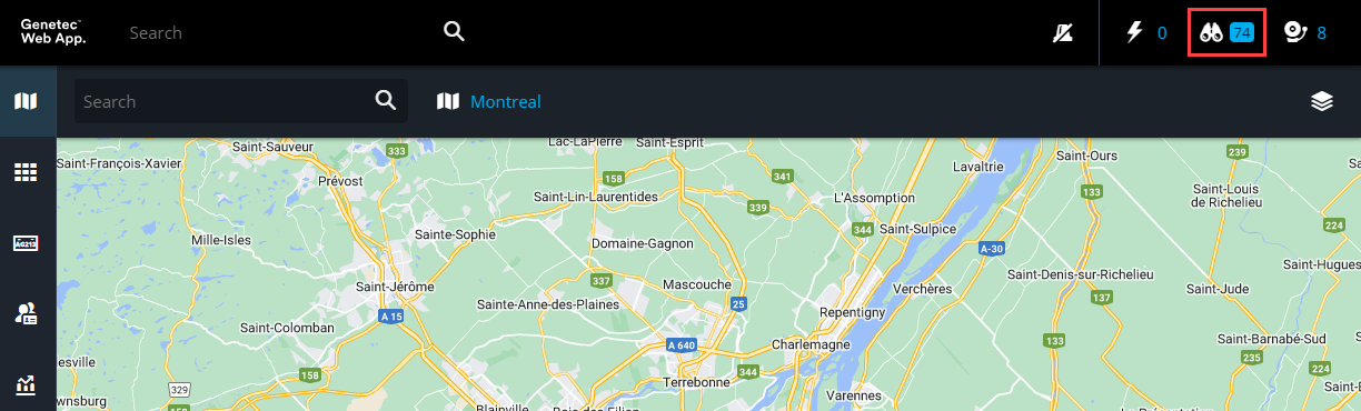 En-tête de Genetec Web App mettant en évidence le menu Liste de surveillance.