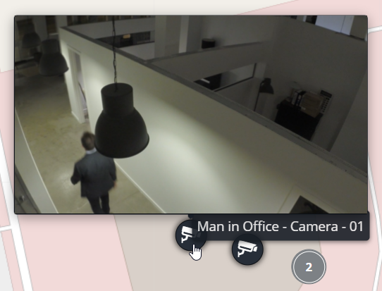 Video feed pop up when hovering over camera icon on a map.