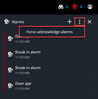 The Alarms side panel in the Genetec™ Web App with a list of alarms and the Force acknowledge alarms button displayed.