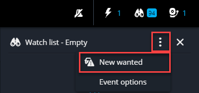 The Watch list in Genetec Web App with the three dots button and new wanted button highlighted.