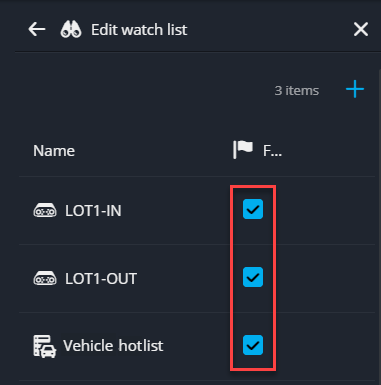 The Edit watch list pane with two ALPR units that are flagged.