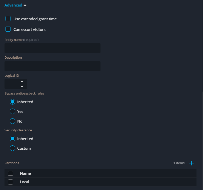 The Advanced section of the cardholder pane in Genetec Web App.