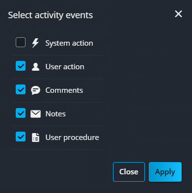 The select activity events dialog box for incident management in the Genetec Web App.