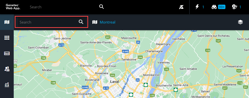 The Maps task in the Genetec Web App with the search field highlighted.