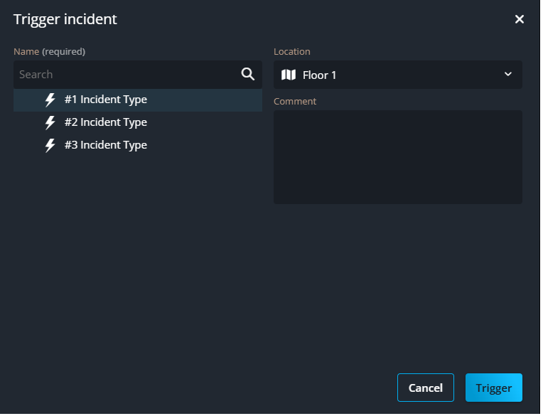 Genetec Web App dialog box for manually triggering an incident.