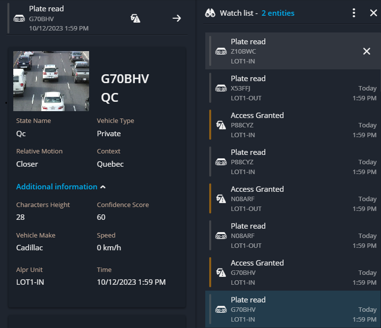 The watch list in Genetec Web App with a plate read event selected and the details pane of the plate read displayed.