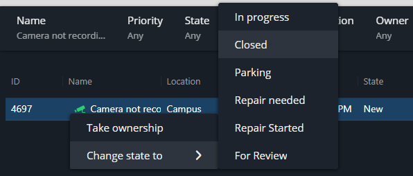 Incident command options are displayed when right-clicking an incident in the Genetec Web App Maps task.